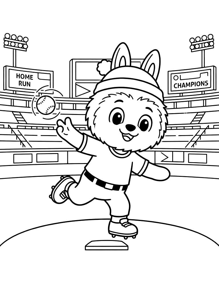 Mascot Character Throwing The First Pitch At A Major League Stadium With Stadium Banners Coloring Page