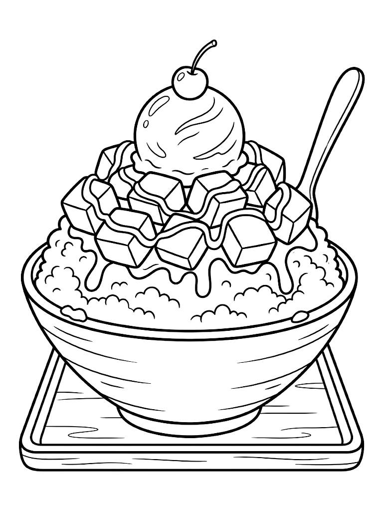 Massive Bowl Of Korean Bingsu Shaved Ice Topped With Fresh Mango Cubes Condensed Milk Drizzle And A Scoop Of Vanilla Ice Cream coloring page — free printable for kids and adults