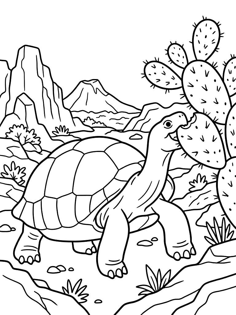 Massive Galapagos Tortoise Slowly Eating A Giant Green Prickly Pear Cactus Pad In A Rocky Volcanic Island Landscape coloring page — free printable for kids and adults