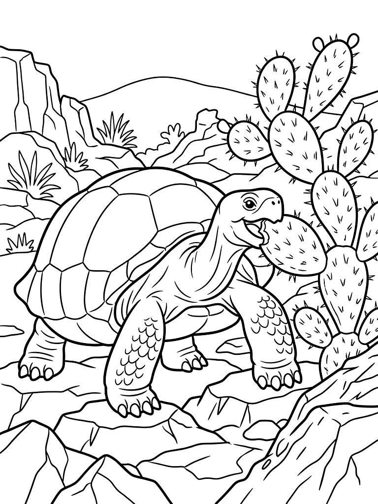 Massive Galapagos Tortoise Slowly Eating A Giant Green Prickly Pear Cactus Pad In A Rocky Volcanic Island Landscape Coloring Page