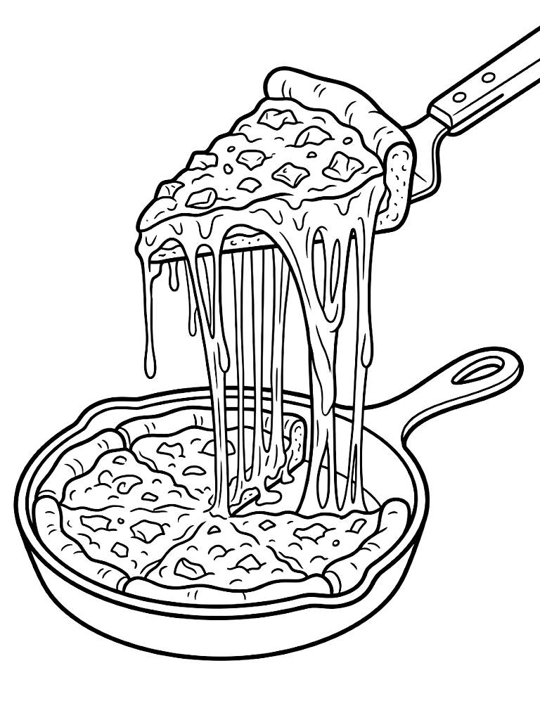 Massive Slice Of Chicago Deep-Dish Pizza Being Lifted From A Cast-Iron Pan Showing An Incredible Dripping Cheese Pull coloring page — free printable for kids and adults