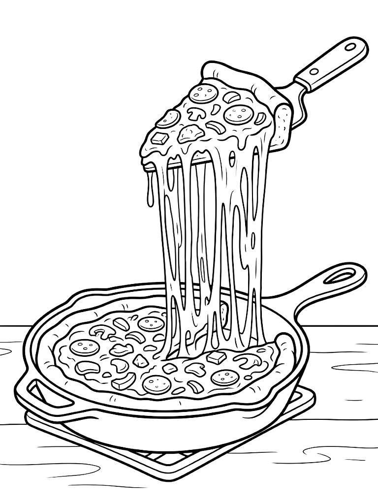 Massive Slice Of Chicago Deep-Dish Pizza Being Lifted From A Cast-Iron Pan Showing An Incredible Dripping Cheese Pull coloring page — free printable for kids and adults