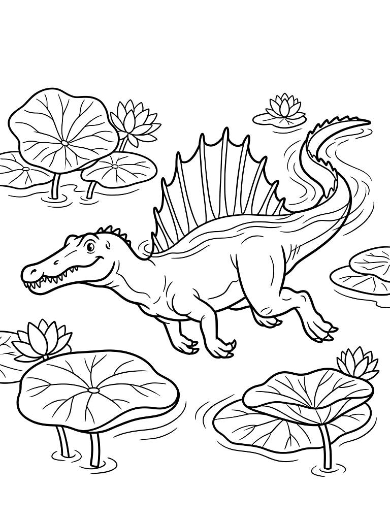 Massive Spinosaurus Swimming Powerfully Through A Prehistoric River With Its Spiked Sail Breaking The Surface Among Giant Ancient Lotus Leaves coloring page — free printable for kids and adults