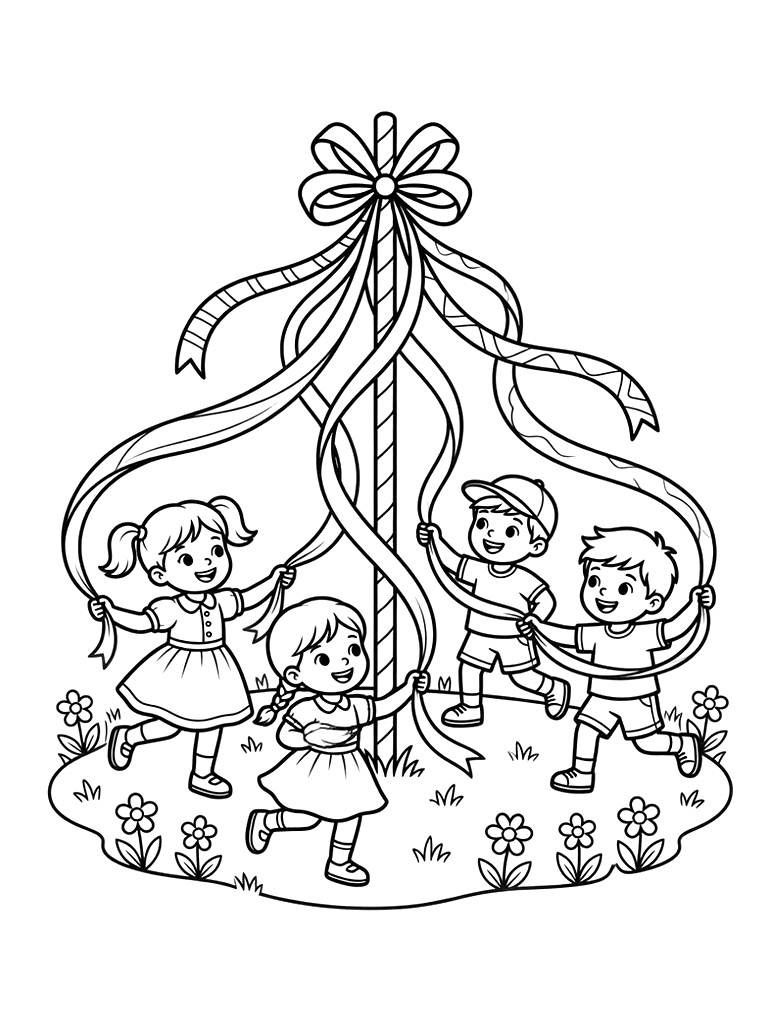 Maypole Dance With Children And Colorful Ribbons In A Spring Park Coloring Page