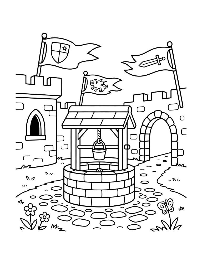 Medieval Castle Courtyard With A Stone Well And Knights' Banners Flying In The Spring Breeze Coloring Page — free printable for kids and adults