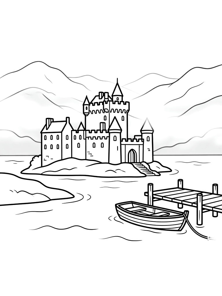 Medieval Scottish Castle On A Loch With Misty Mountains And A Boat Tied To A Wooden Pier Coloring Page