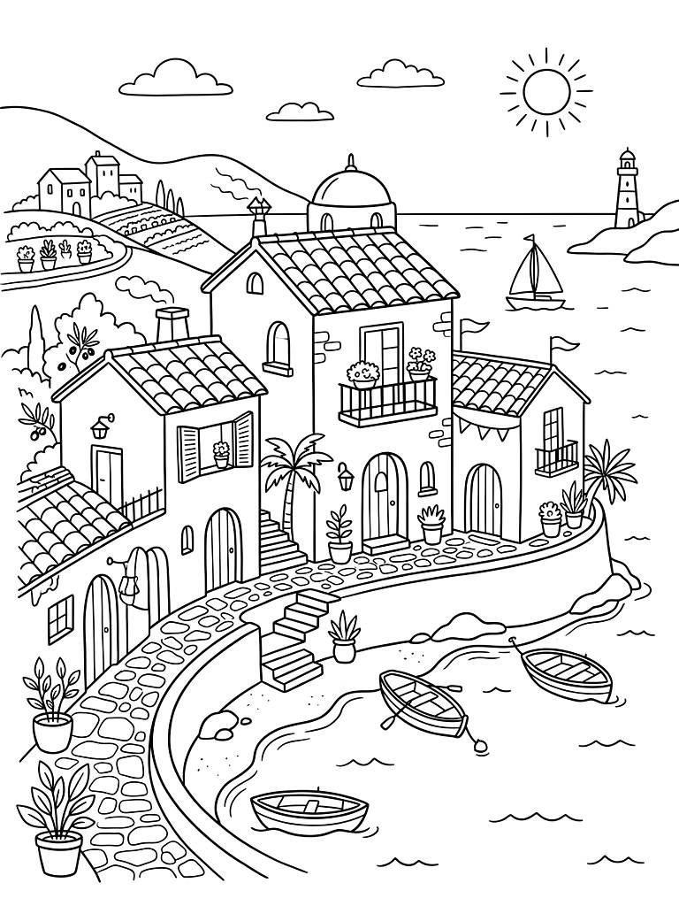 Mediterranean Coastal Architecture coloring page — free printable for kids and adults