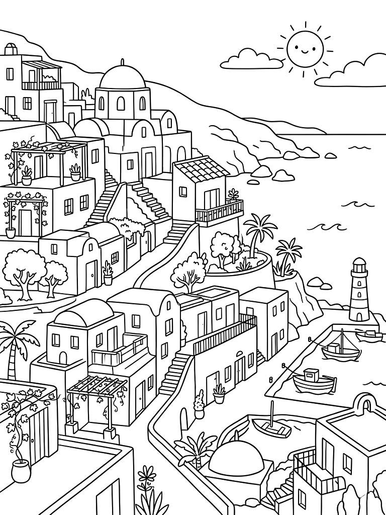 Mediterranean Coastal Architecture coloring page — free printable for kids and adults
