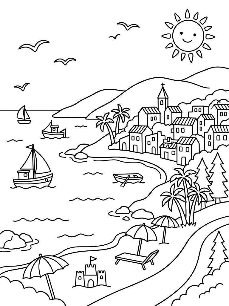 Mediterranean Coastal Summer Scenery coloring page — free printable for kids and adults