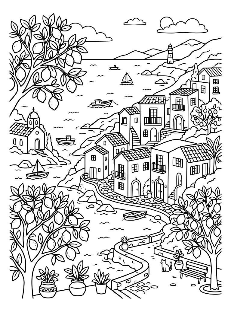 Mediterranean Coastal Village And Lemon Trees coloring page — free printable for kids and adults