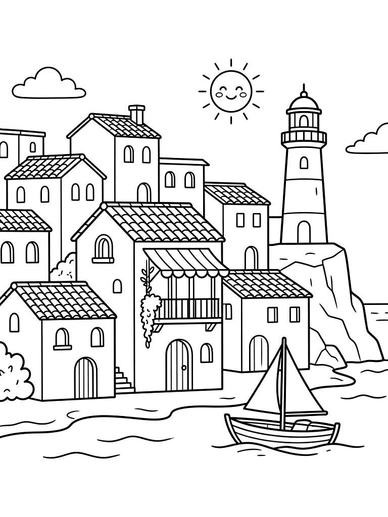 Mediterranean Summer Coastal Village And Architecture coloring page — free printable for kids and adults