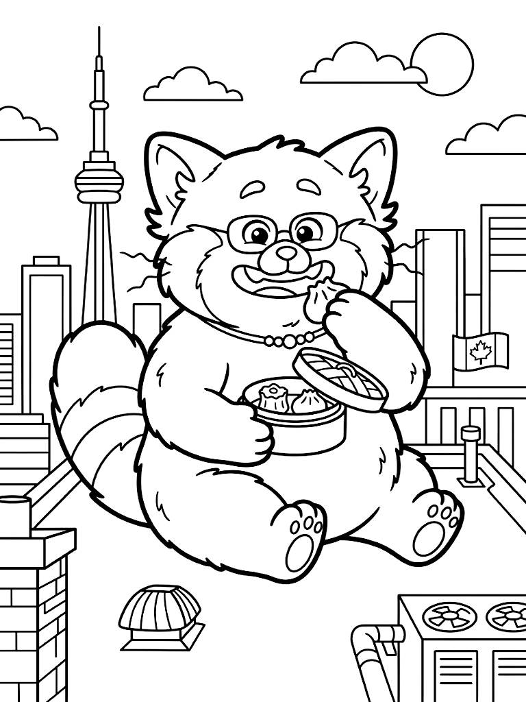 Meilin Lee In Her Giant Fluffy Red Panda Form Sitting On A Toronto Rooftop Happily Eating A Box Of Dim Sum Coloring Page