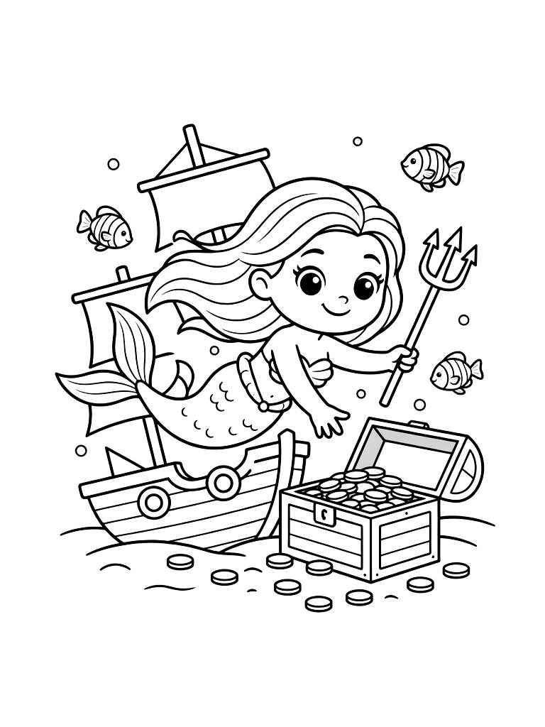 Mermaid Exploring A Sunken Pirate Ship Filled With Gold Coins And Tropical Fish Coloring Page