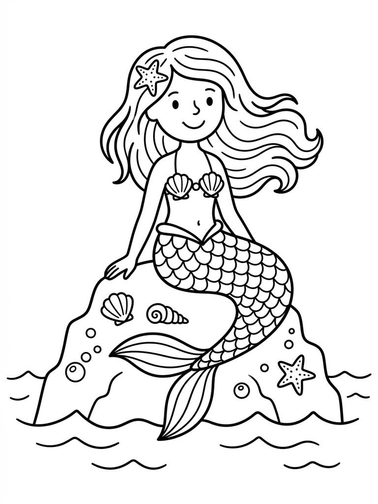 Mermaid On Rock / Mermaid Tail With Shells Coloring Page