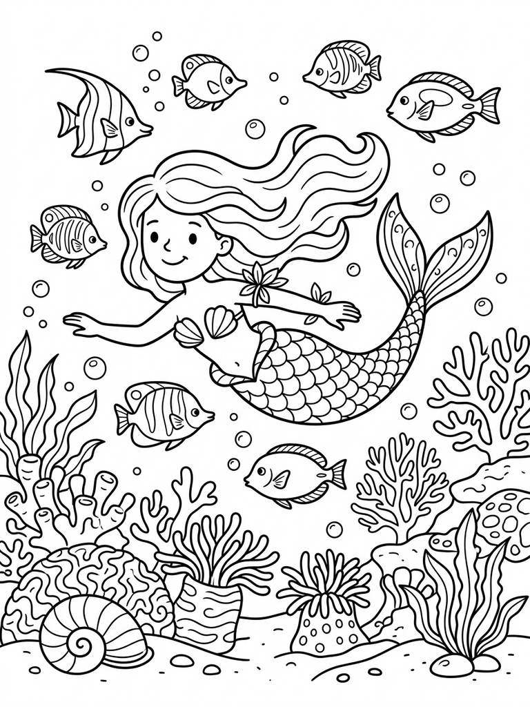 Mermaid Swimming With Tropical Fish / Coral Reef Scene Coloring Page
