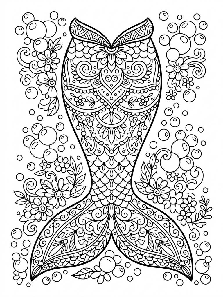 Mermaid Tail Mandala Or Detailed Adult Style / Bubbles & Flowers Coloring Page