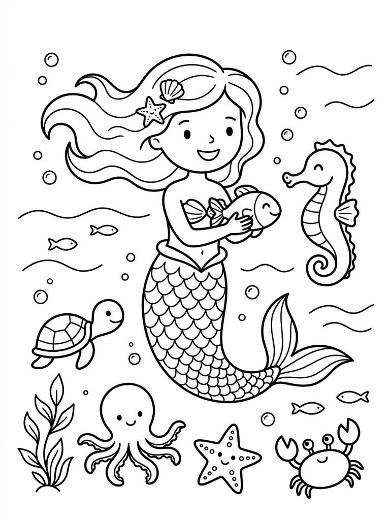 Mermaid With Seahorse Or Ocean Friends / Holding Fish Coloring Page