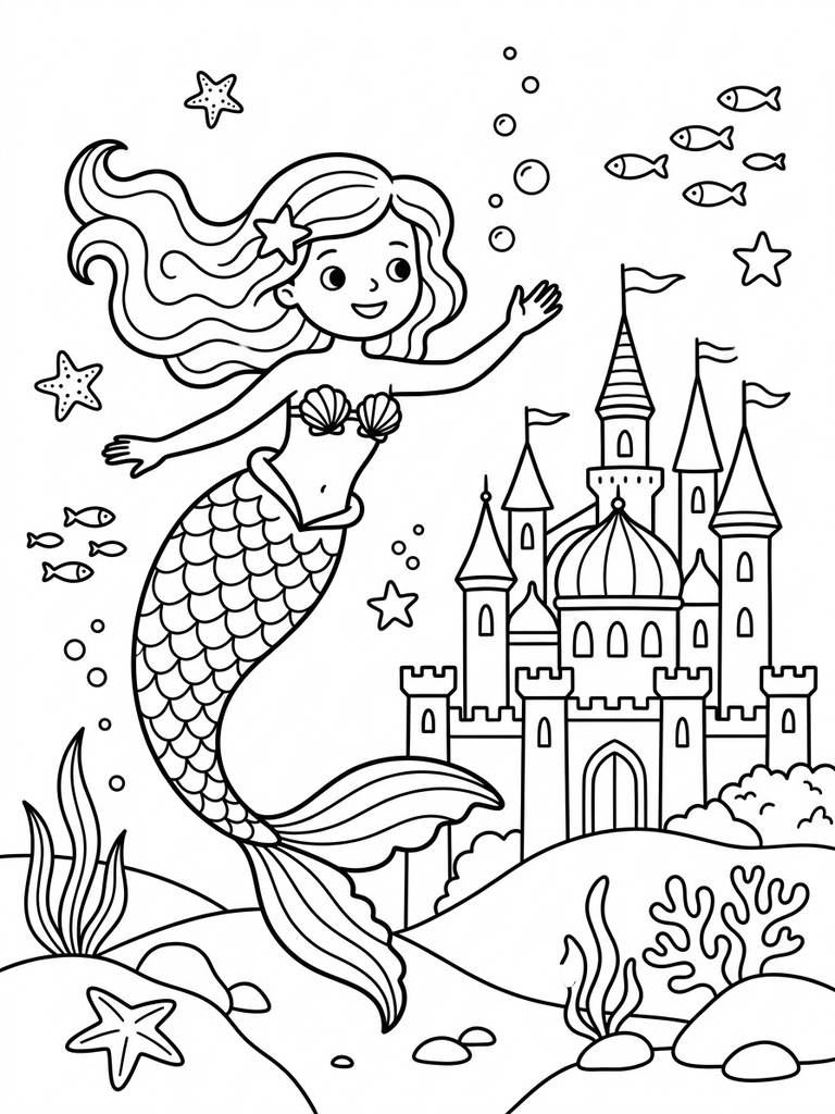 Mermaid With Underwater Castle / Palace Background Coloring Page