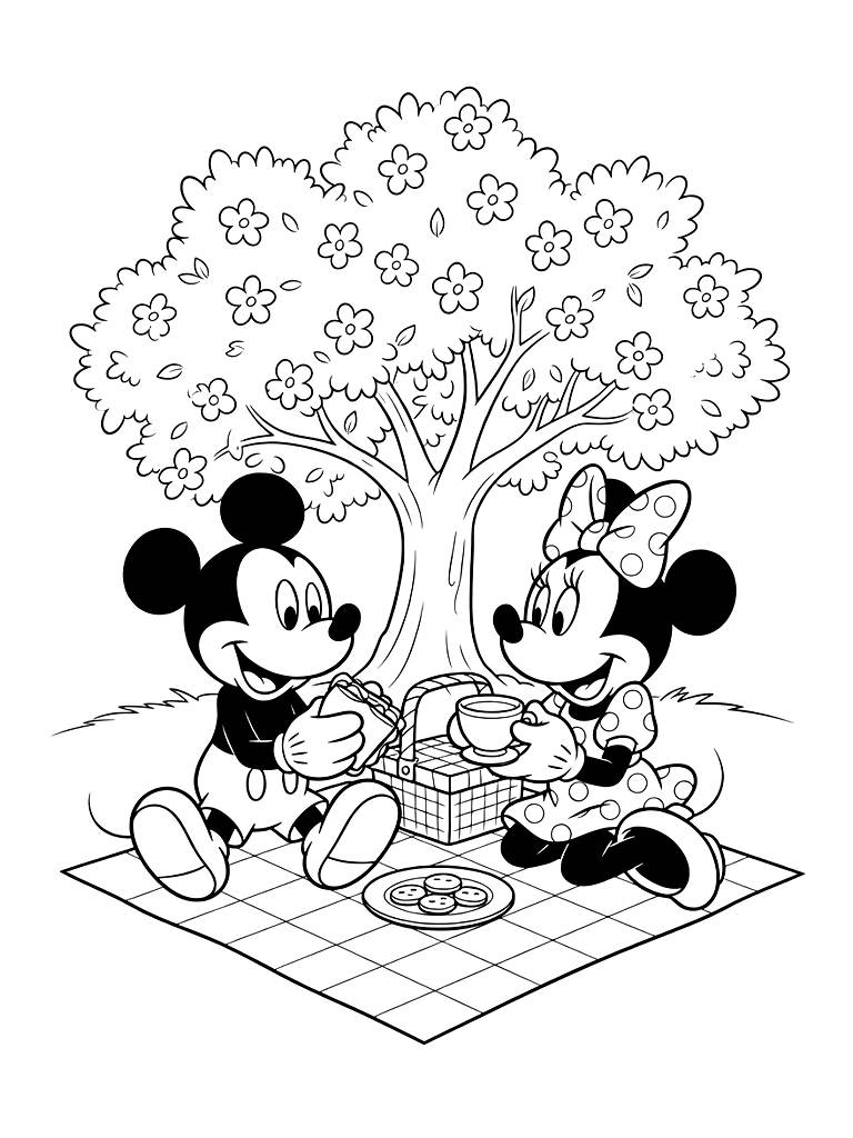 Mickey And Minnie Mouse Having A Picnic Under A Blossoming Tree Coloring Page