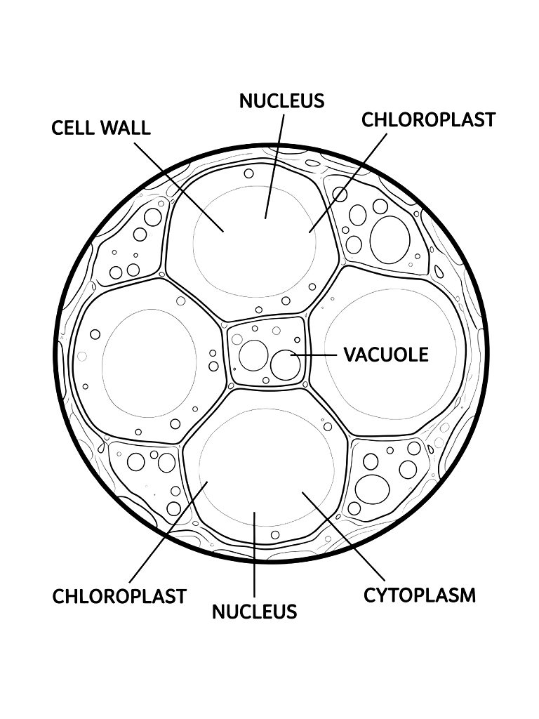 Microscope View Of Plant Cells With Clearly Labeled Parts Coloring Page — free printable for kids and adults