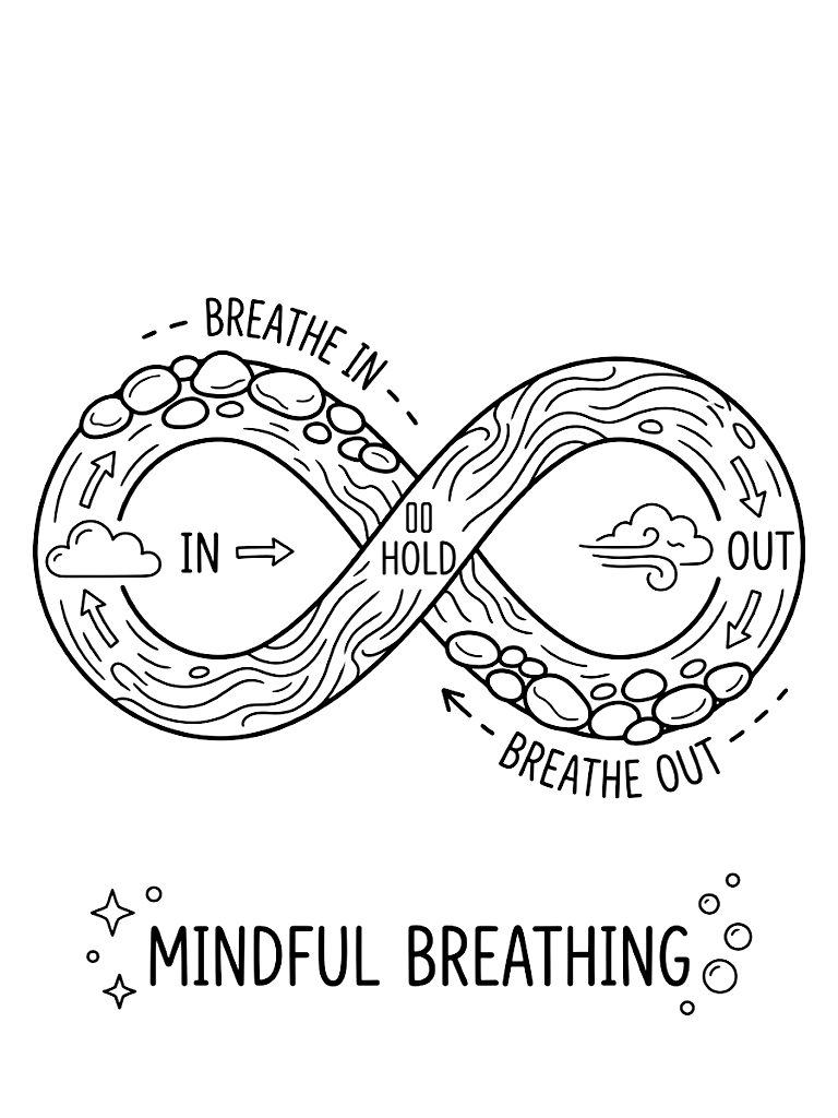 Mindful Breathing Guide Featuring An Infinity Symbol Pathway Made Of Flowing Water And Smooth River Stones With Tracing Prompts coloring page — free printable for kids and adults
