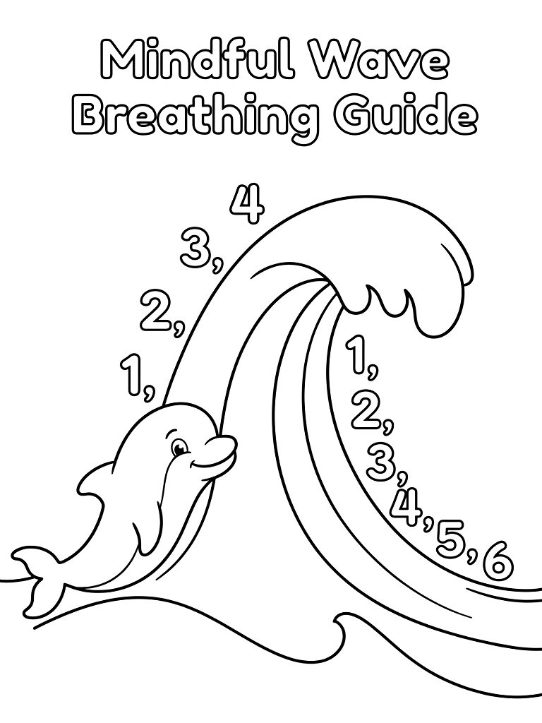 Mindful Breathing Guide Illustrating A Rhythmic Ocean Wave Curving Upwards For Inhale And Crashing Softly For Exhale With Counting Prompts coloring page — free printable for kids and adults