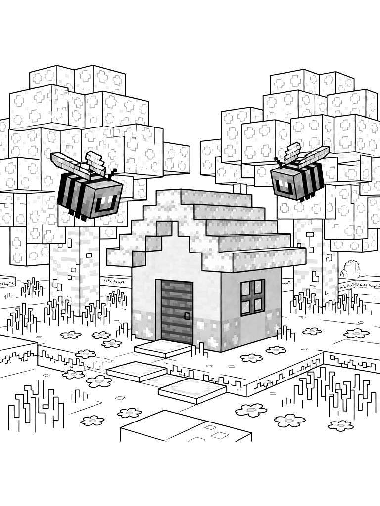 Minecraft Cherry Blossom Biome With A Pink House And Bees Coloring Page