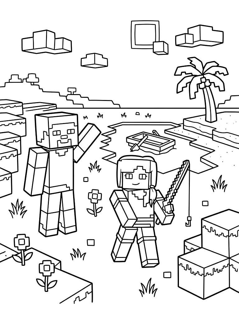 Minecraft Summer Biomes And Characters Coloring Page
