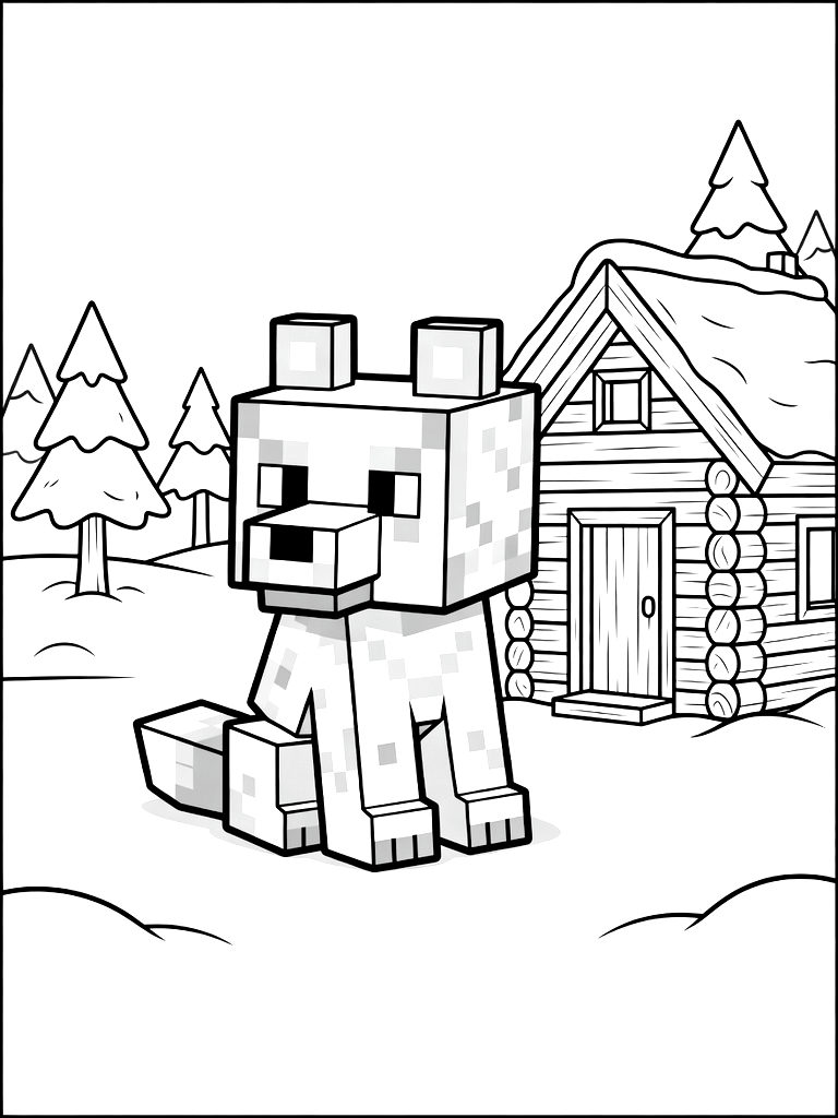 Minecraft Wolf Sitting Outside A Cozy Spruce Wood Cabin In A Snowy Taiga Coloring Page — free printable for kids and adults