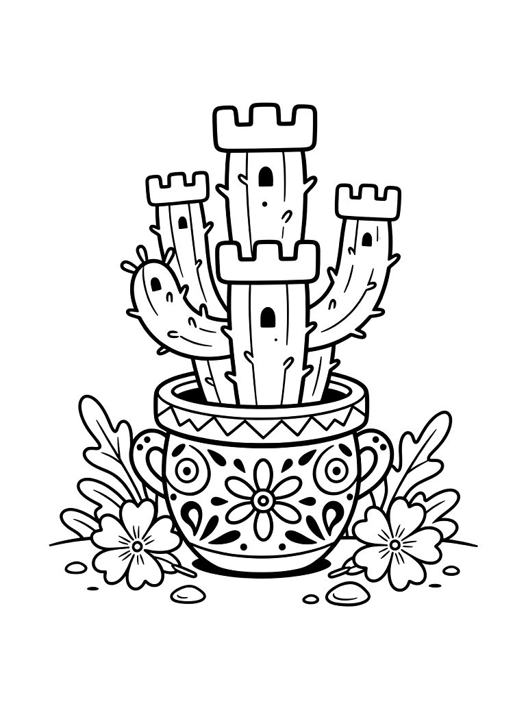 Miniature Fairy Castle Cactus In A Hand-painted Talavera Pot Surrounded By Fallen Desert Primroses Coloring Page