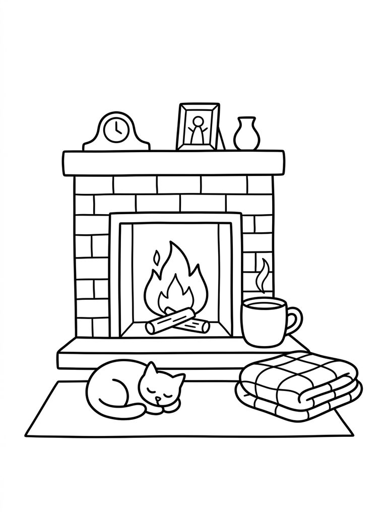 Minimalist Fireplace With Blanket And Mug Coloring Page