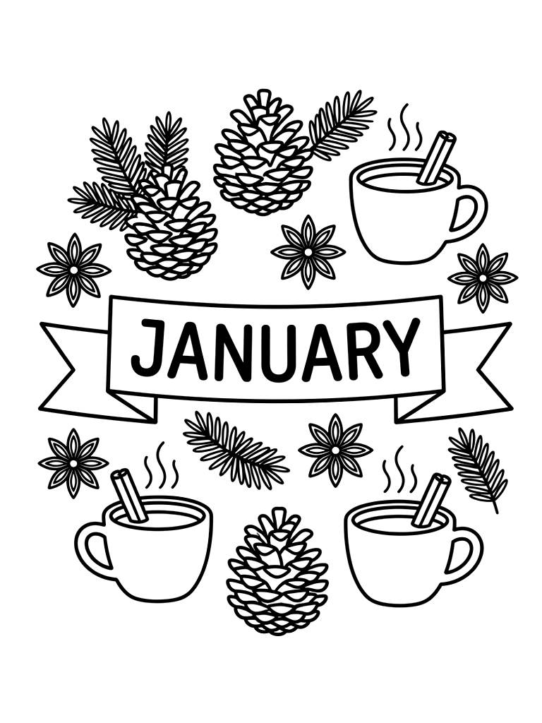 Minimalist January Banner Surrounded By Pinecones Coloring Page