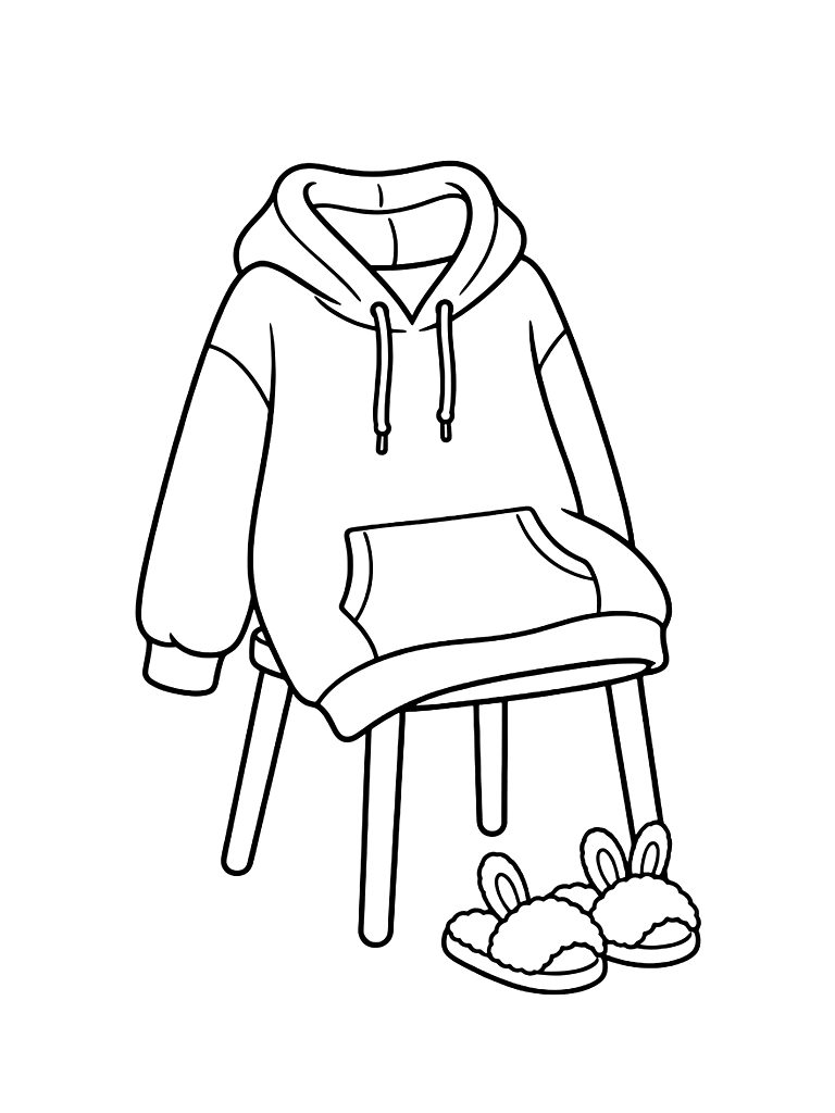 Minimalist Line Art Illustration Of A Cozy Oversized Hoodie Draped Over A Chair With Slippers Coloring Page — free printable for kids and adults