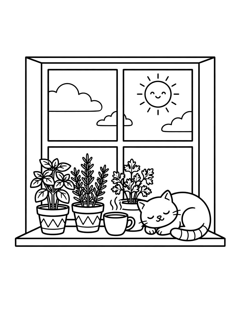 Minimalist Line Art Illustration Of A Cozy Window Sill Filled With Potted Herbs coloring page — free printable for kids and adults