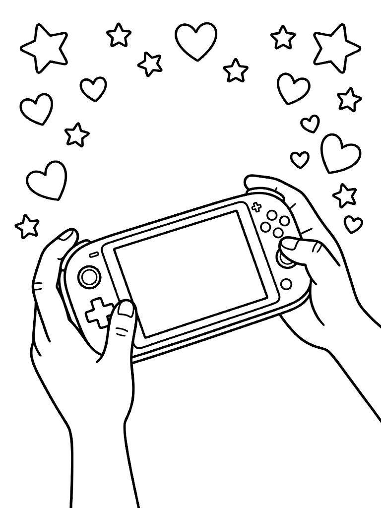 Minimalist Line Art Illustration Of A Person's Hands Holding A Cozy Handheld Gaming Console Surrounded By Scattered Star And Heart Icons coloring page — free printable for kids and adults