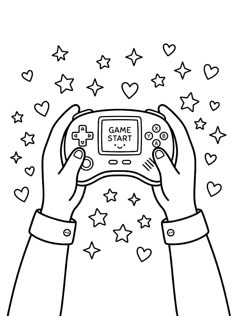 Minimalist Line Art Illustration Of A Person's Hands Holding A Cozy Handheld Gaming Console Surrounded By Scattered Star And Heart Icons coloring page — free printable for kids and adults