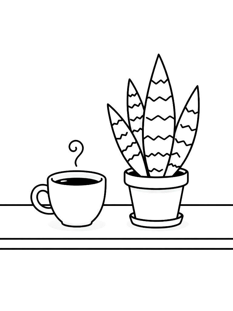 Minimalist Line Art Scene Of A Cup Of Coffee Next To A Potted Snake Plant On A Clean White Desk coloring page — free printable for kids and adults