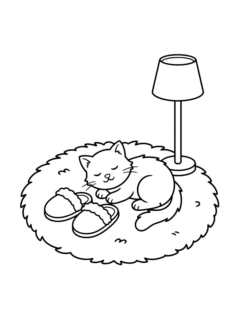 Minimalist Line Art Scene Of A Pair Of Slippers And A Sleeping Cat On A Fluffy Rug Next To A Floor Lamp Coloring Page