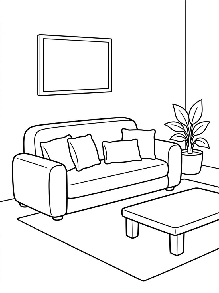 Minimalist Living Room With Sofa And Cushions Coloring Page
