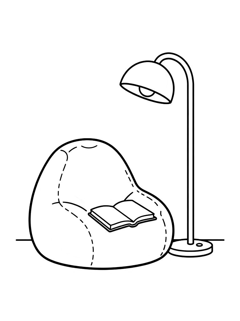 Minimalist Reading Nook With A Single Bean Bag Chair And A Modern Floor Lamp Coloring Page — free printable for kids and adults