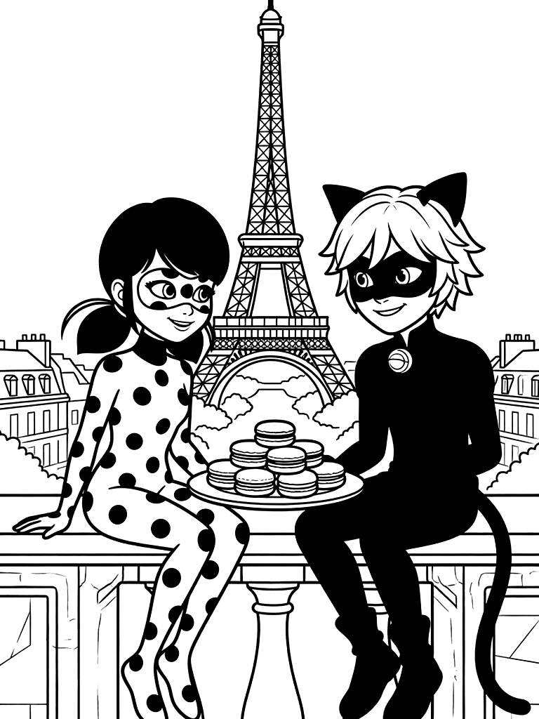Miraculous Ladybug And Cat Noir Sitting Together On A High Balcony In Paris Sharing A Plate Of Pink Macarons With The Eiffel Tower In The Background Coloring Page