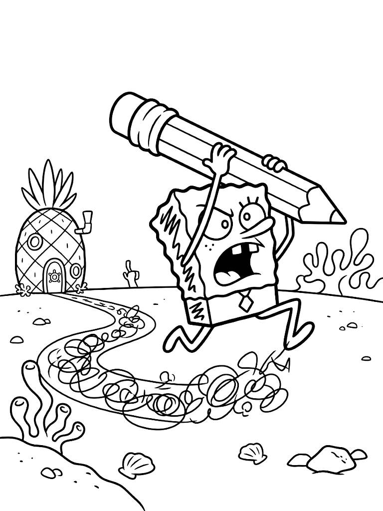 Mischievous Doodlebob Frantically Running Away While Holding The Giant Magic Pencil Leaving A Trail Of Messy Scribbles In Bikini Bottom coloring page — free printable for kids and adults