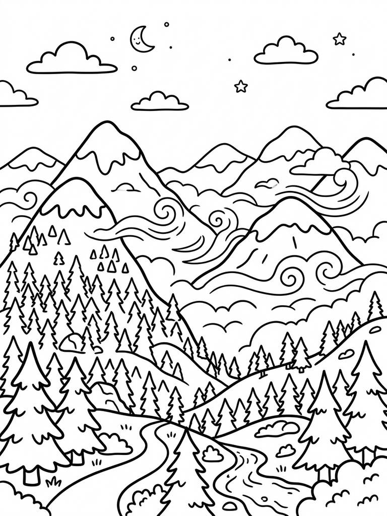 Misty Forested Mountains Coloring Page