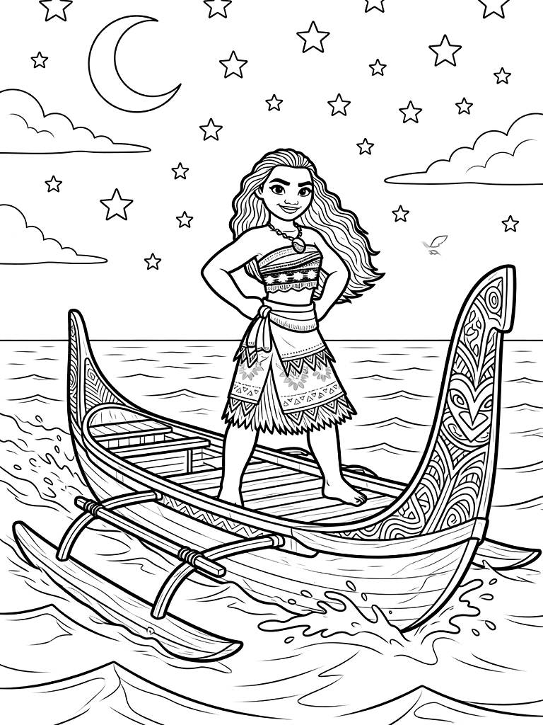 Moana Standing Confidently On The Deck Of A Massive Traditional Polynesian Outrigger Canoe Navigating Through A Starry Night Ocean coloring page — free printable for kids and adults