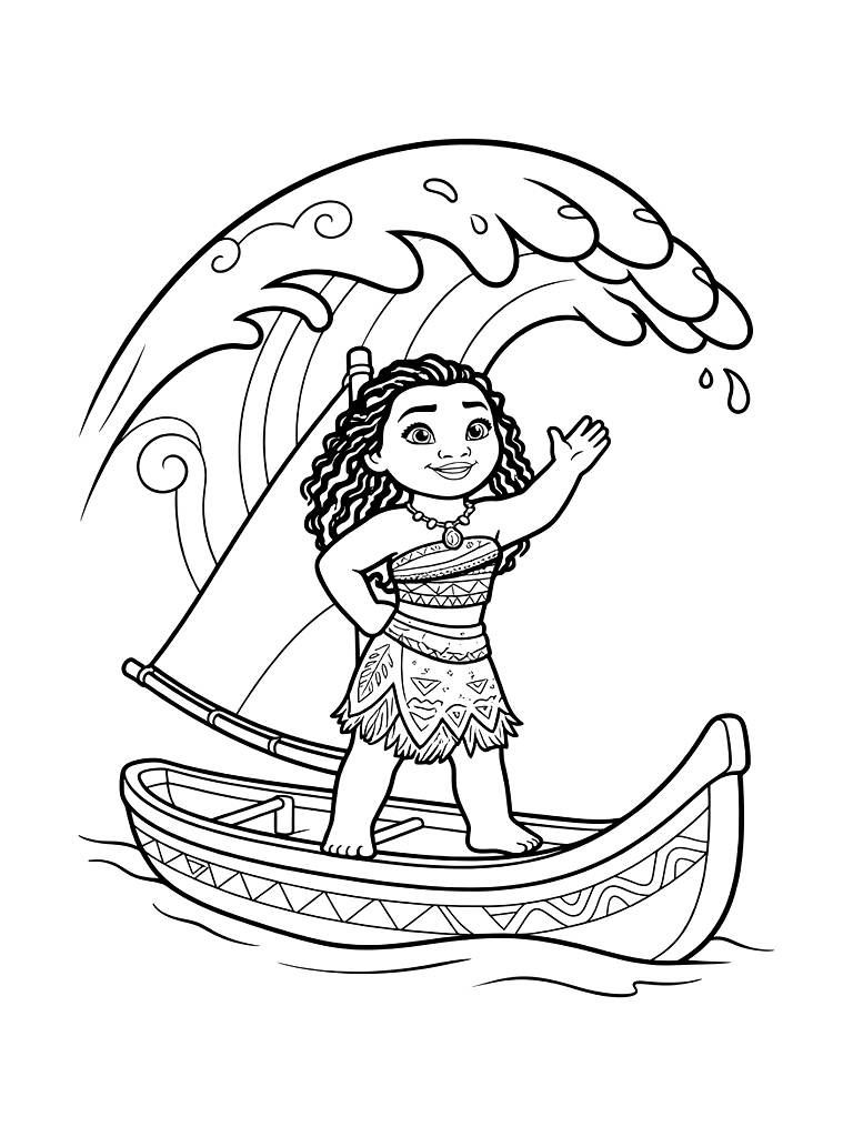 Moana Standing On Her Voyaging Canoe With A Large Wave Curving Over Her Like A Hand Coloring Page