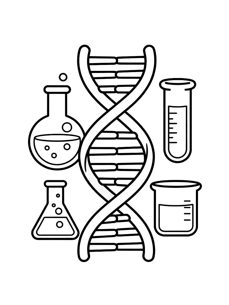 Model Of The DNA Double Helix Surrounded By Various Scientific Lab Beakers Coloring Page — free printable for kids and adults