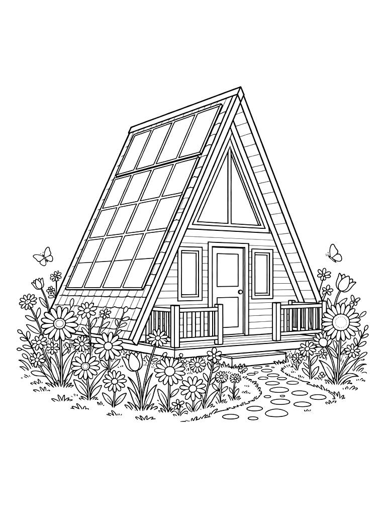 Modern A-frame Tiny House With A Solar Roof And Wildflower Garden Coloring Page