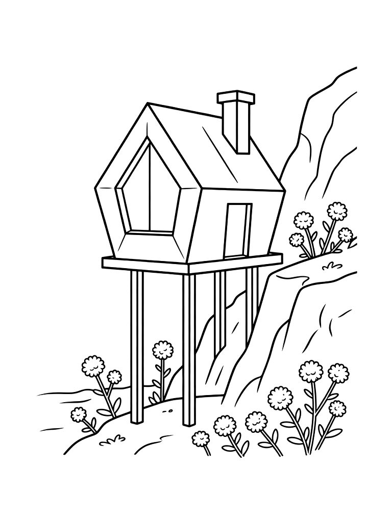 Modern Geometric Tiny House On Stilts In A Coastal Cliff Setting With Blooming Sea Thrift Coloring Page — free printable for kids and adults