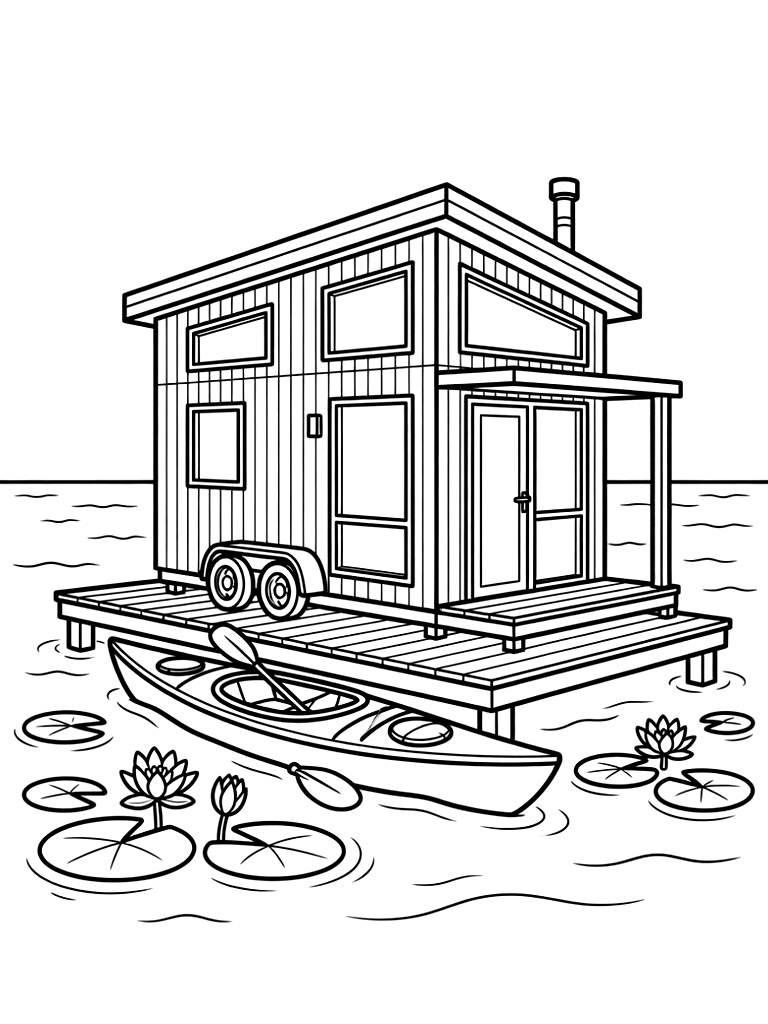 Modern Tiny House On A Lake Dock With A Wooden Kayak And Spring Lily Pads Coloring Page