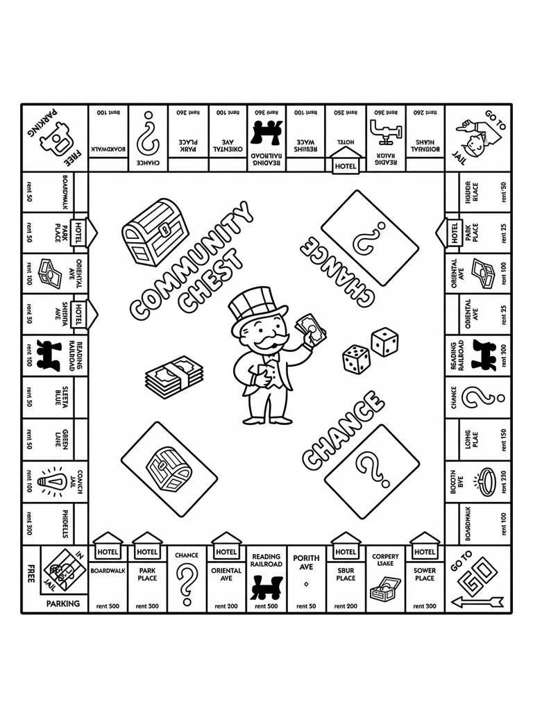 Monopoly Game Board With Hotels And Properties Coloring Page